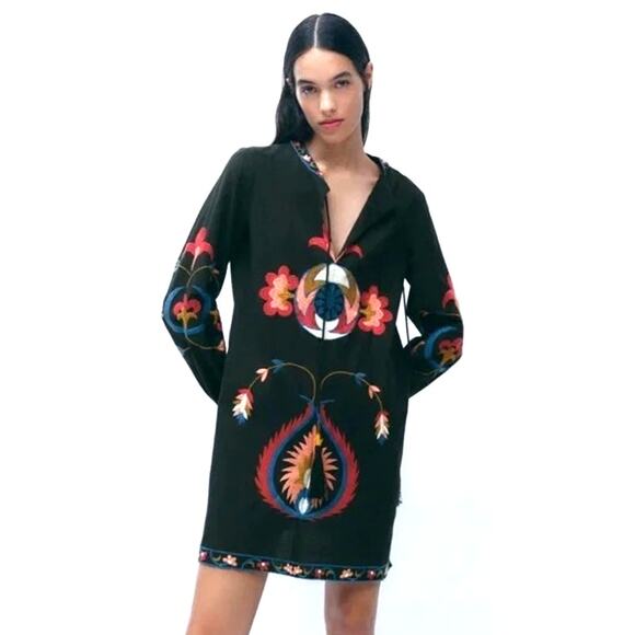 ZARA Black Embroidered Tunic Mini Dress     SIze: M - Picture 1 of 5